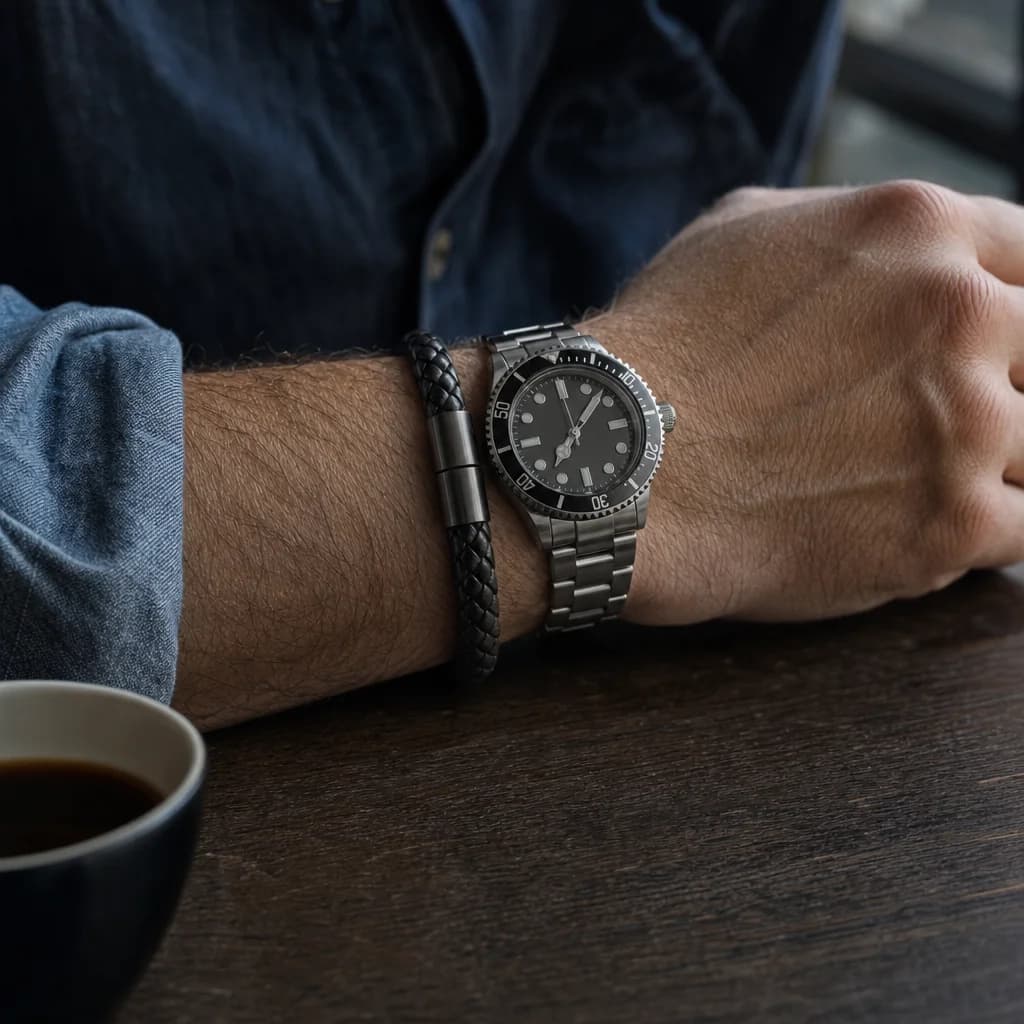The bracelet worn on a wrist alongside a steel watch